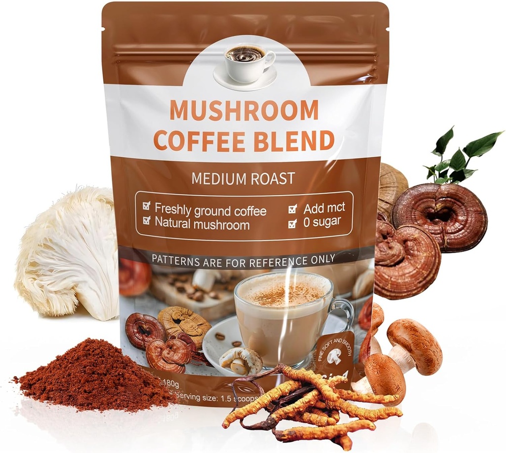 Organic Lion's Mane, Cordyceps, Shiitake, Reishi & Turkey Tail Mushroom Coffee Blend - Supports Gut, Energy, Focus & Brain Health