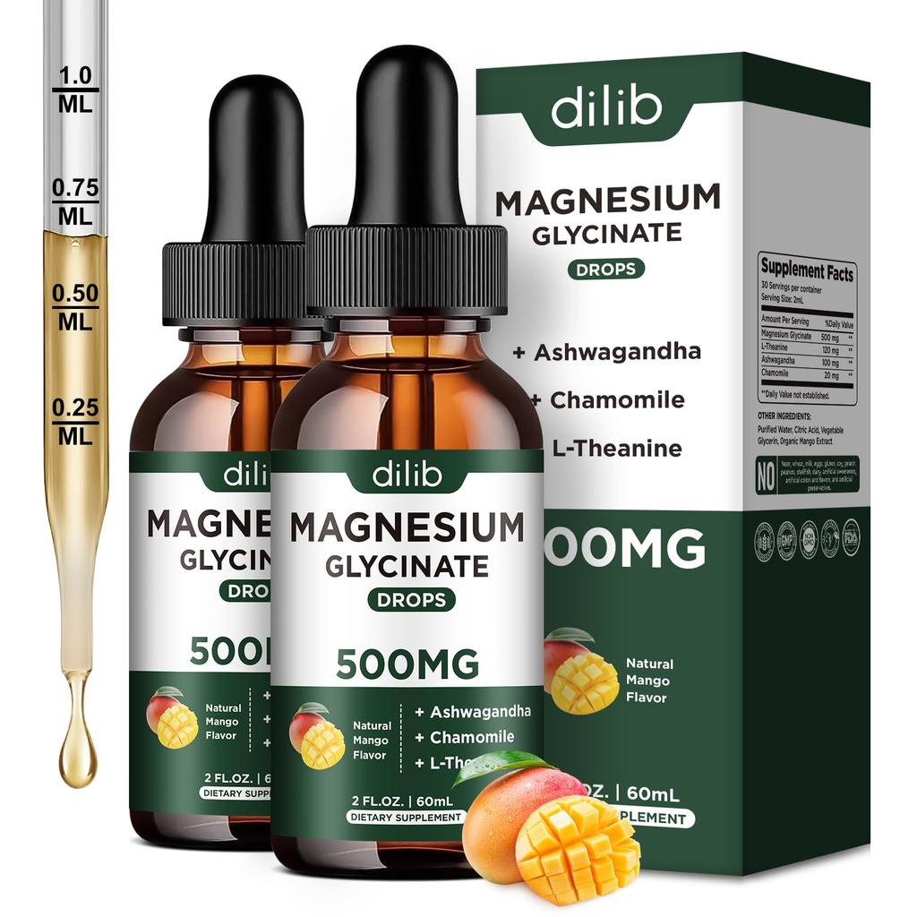 マグネシウムのGlycinateの液体の低下の補足、マグネシウムのGlycinate 500mg Ashwagandha、L -テアニン、Chamomile -サポート圧力救助、骨、筋肉、気分のマンゴの味2Packと