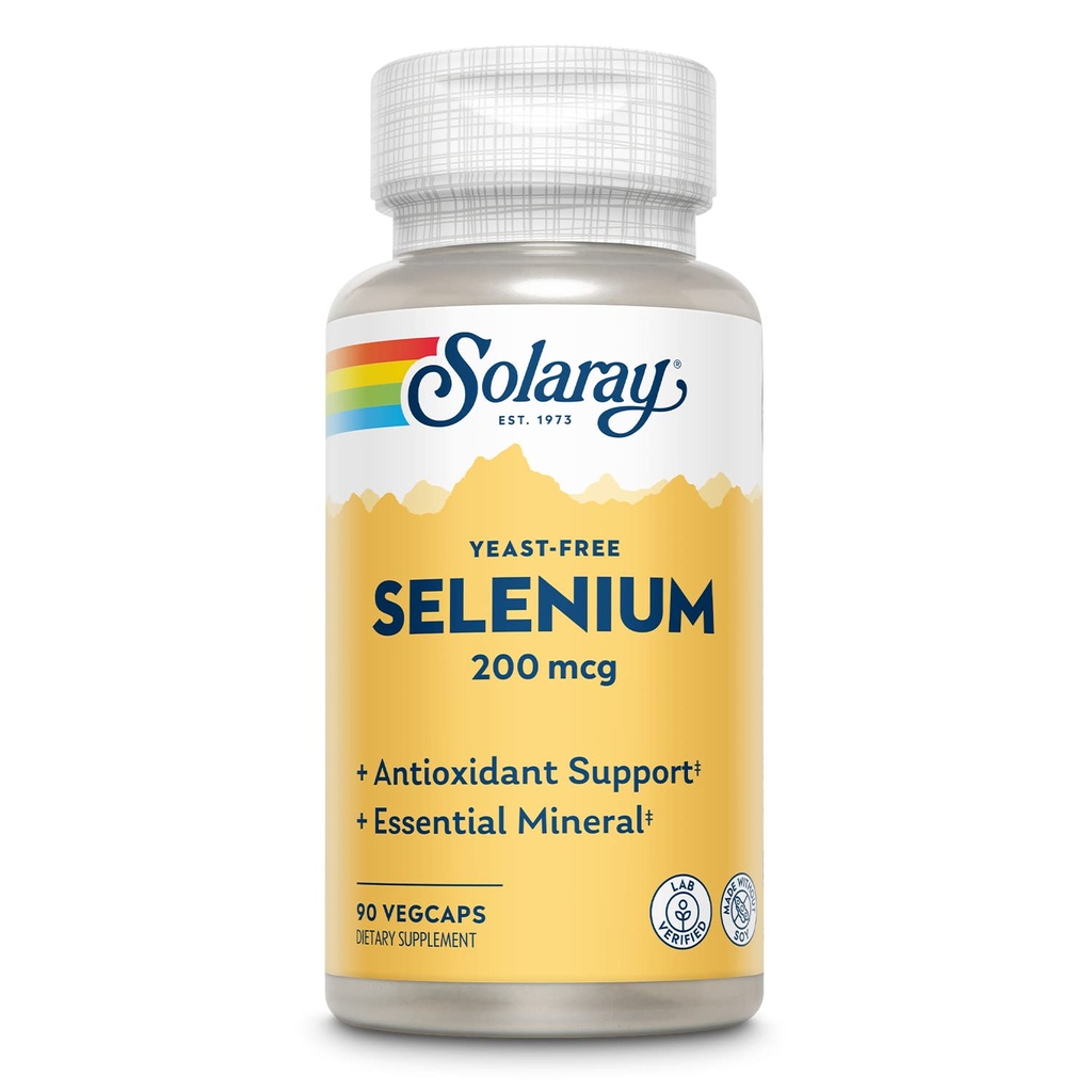 Solarayイーストフリーセレン200mcg、健康な甲状腺機能&免疫サポートのためのセレンカプセル、高吸収サプリメント、ビーガン、90の給餌、90の野菜