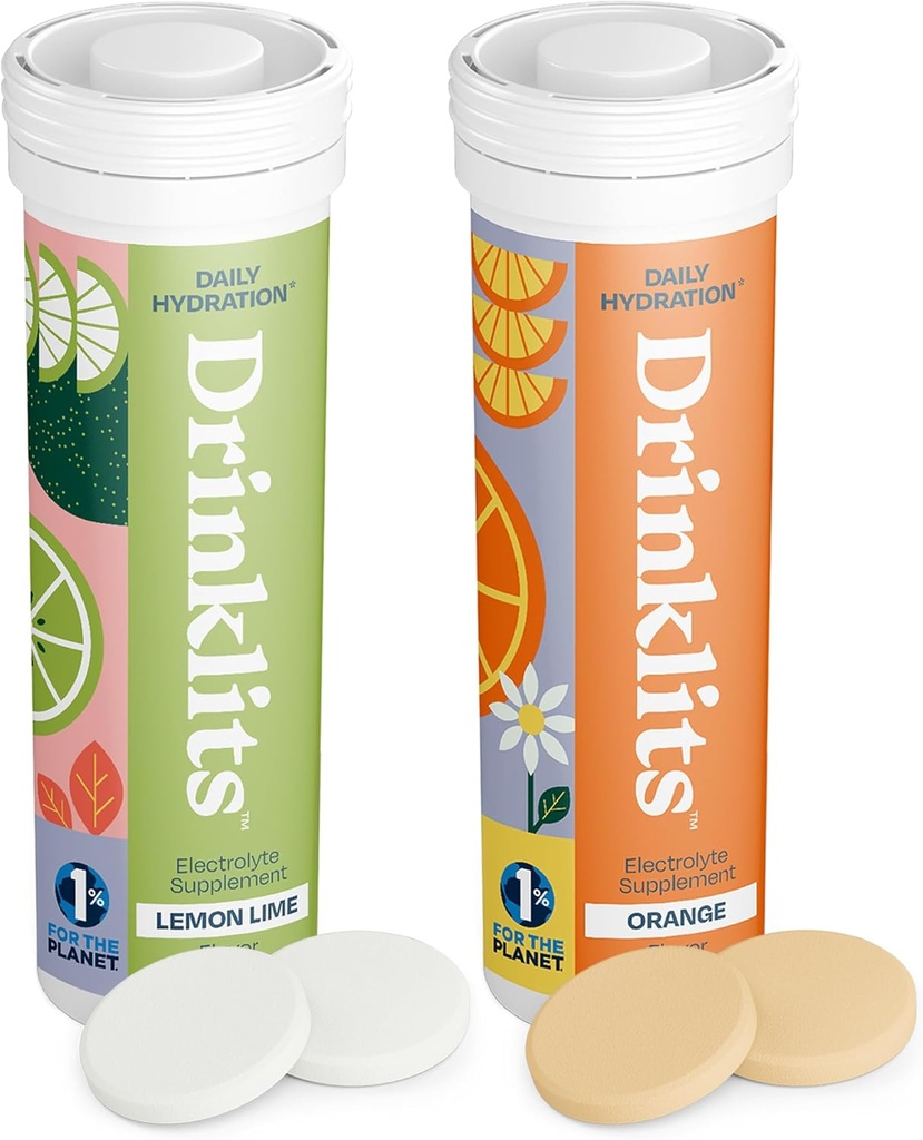 Drinklits レモンライム&オレンジ電解液錠 (2) チューブバンドル | 柑橘類の毎日の水分補給コンボパック | おいしい自然味 – 0g 砂糖 – 毎日の使用 | 20 食用 - チューブごとの10錠
