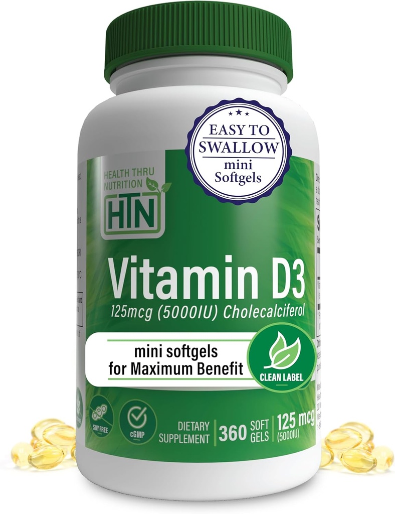 Health Thru Nutrition Vitamin D3 5000iu 360 Mini Softgels for Maximum Benefit Year Supply | 125mcg Cholecalciferol | 3rd Party Tested | Non-GMO USP Grade in Organic EVOO | Immune Health Support