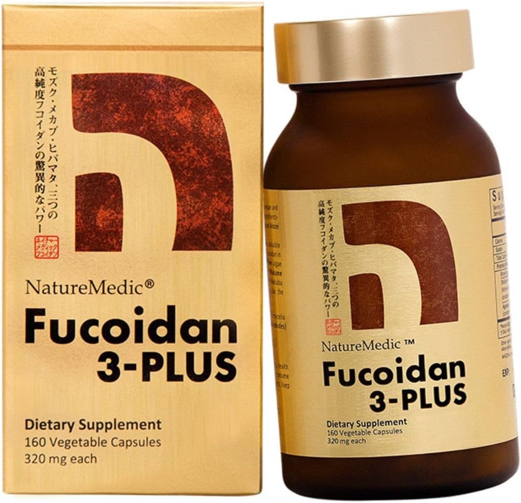 NatureMedic Fucoidan 3-Plus ブラウン シーイード 免疫 サプリメント 3 種類の高い純度 Fucoidan Organic Mekabu Fucus Mozuku Agaricus 160 国産野菜カプセル (1 ボトル)