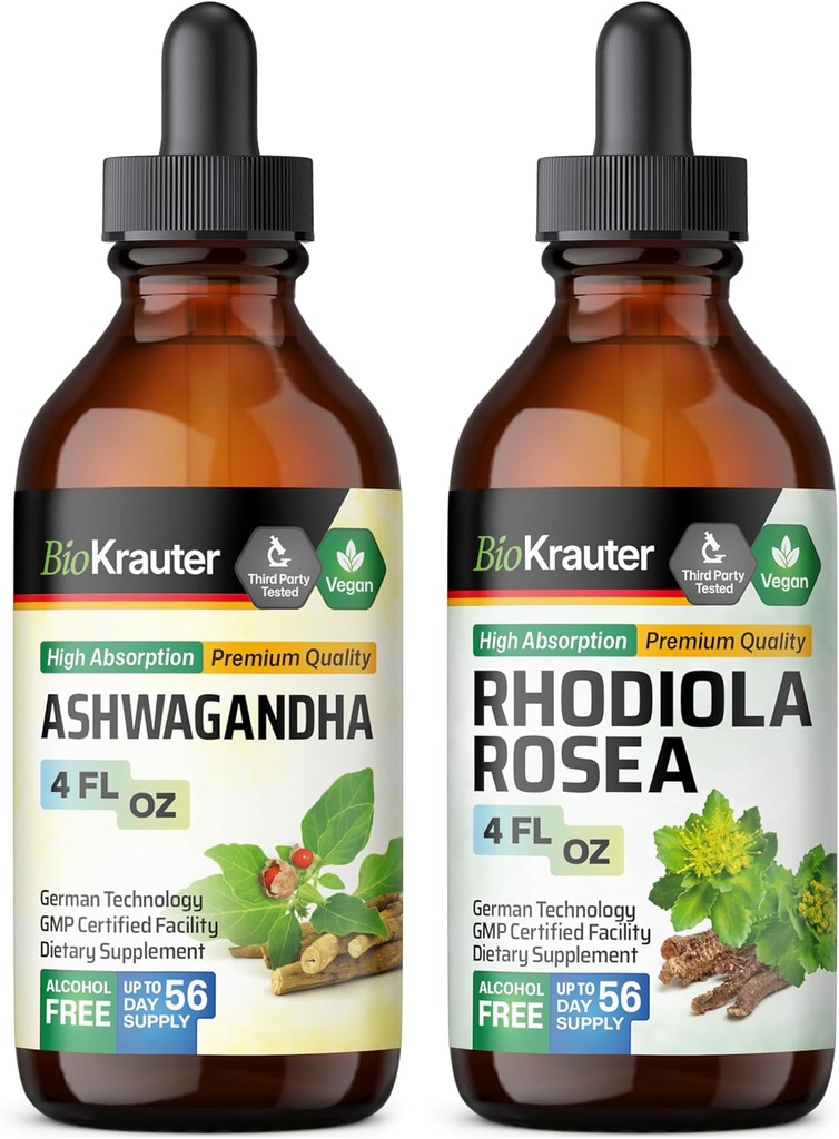 BIO KRAUTER Ashwagandha Tincture 4 Fl. Oz. & Rhodiola Rosea Tincture 4 Fl. Oz.
