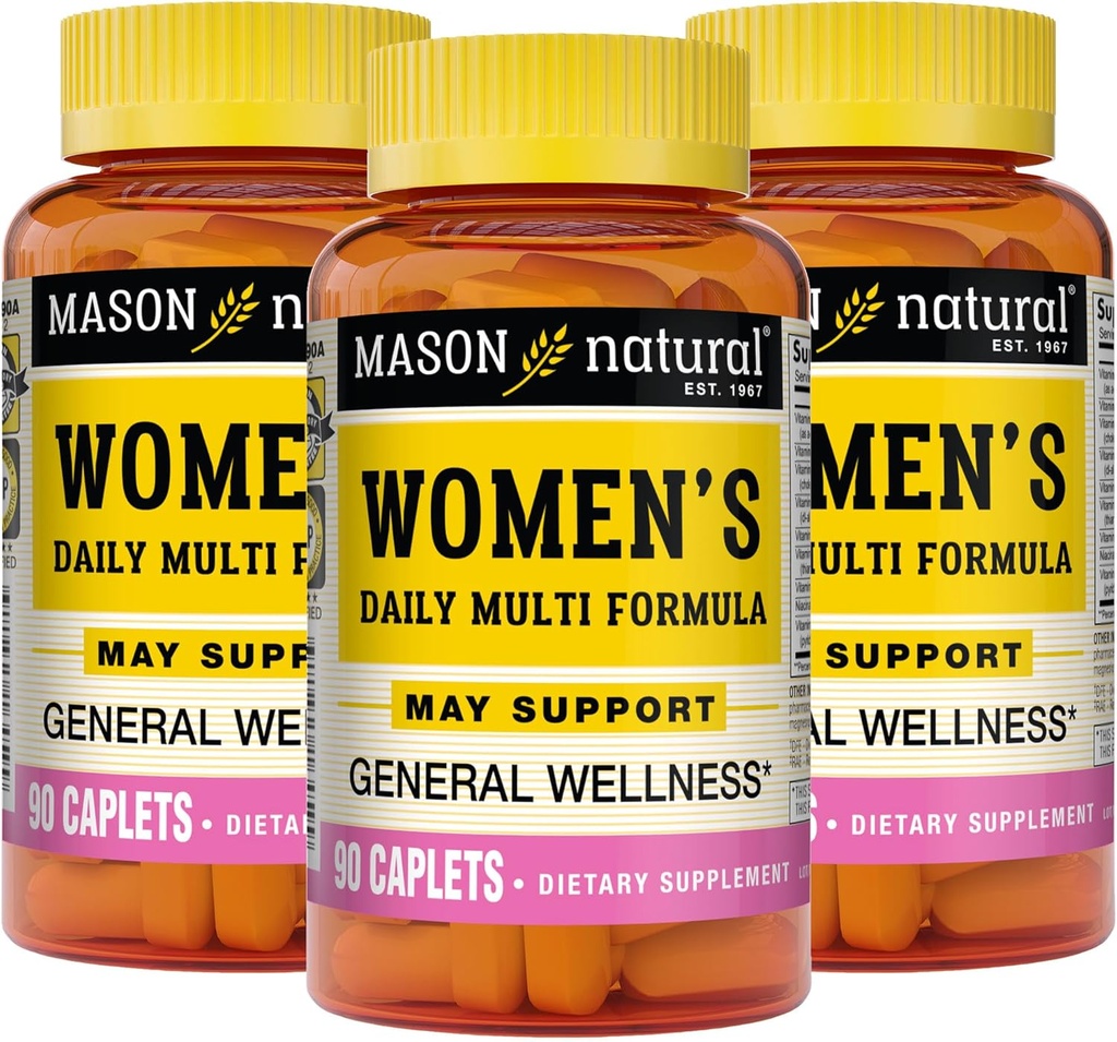MASON NATURALの女性の21エッセンシャルビタミンと栄養素を備えた毎日のマルチフォーミュラは、一般的なウェルネスと全体的な健康をサポートし、90カプレット(パッケージ3)