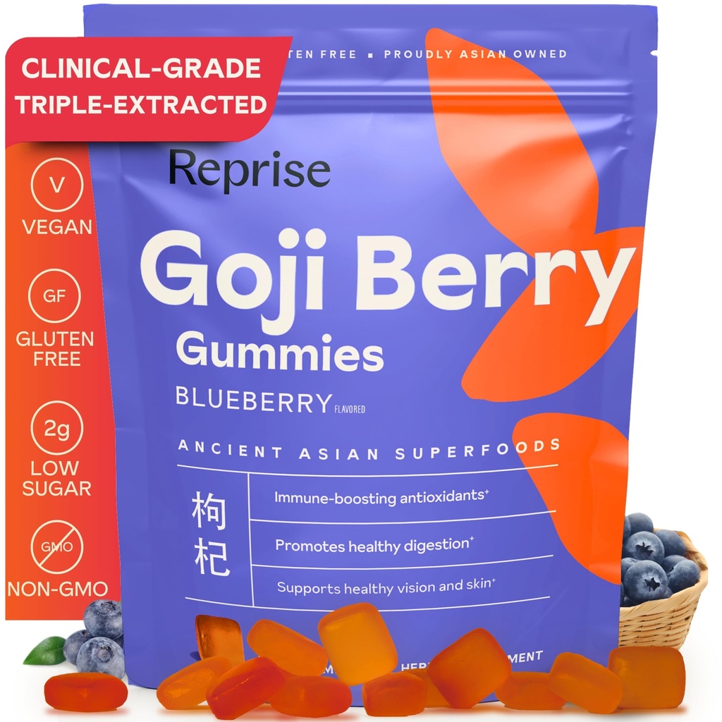 Reprise Goji Berry Superfood Gummies - All-Natural Antioxidant, Digestion, 240 mgのフルポテンシ, 低砂糖, ビーガン, 45 ブルーベリー風味のガミー