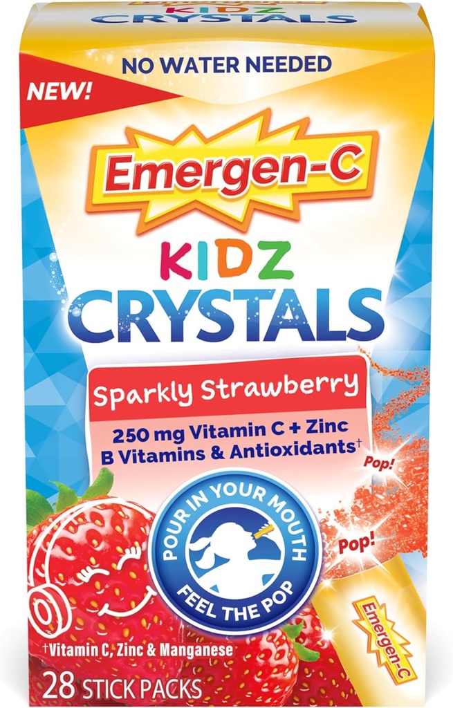 Emergen-C Kidzクリスタル、ビタミンC、ビタミンB、亜鉛、マンガン、スパークリーイチゴ - 28スティックパックとオンザゴー免疫サポートサプリメント