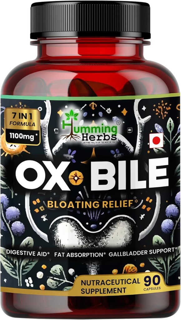 Humming Herbs Ox Bile with Digestive Enzymes & Pre/Probiotics 90 Veg Caps Cholic Acid, Inulin, Betaine HCl, Peppermint, Bromelain Healthy Digestion & Nutrient Absorption - Bile Salts Supplement
