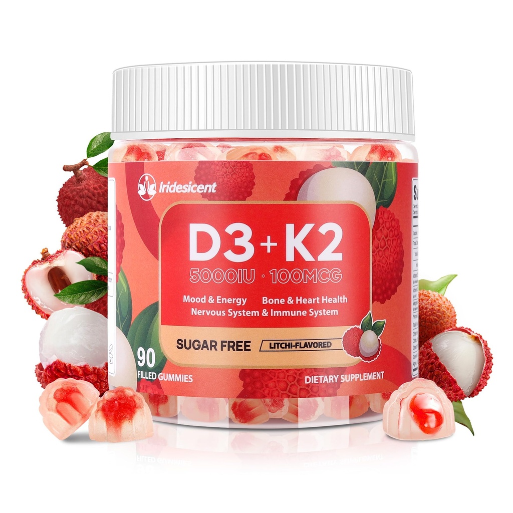 ビタミンD3 K2グミーw /マグネシウム砂糖無料 - 90カウント  D3ビタミン5,000 IU + K2(MK-7)100 mcg - ビーガンK2 D3ビタミンサプリメント、高吸収性支持骨、筋肉、気分&免疫(Lychee Flavor)
