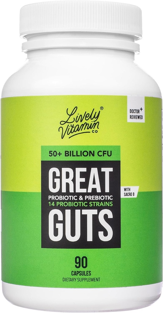 LIVELY VITAMIN CO. 偉大なガッツプロバイオティクス50ビリオンCFUプロバイオティクス - バランスガットマイクロバイオオム、GIトラクト、炎症、消化不良、リフラックス、アップセット胃、およびDiarrhea - 90キャップ