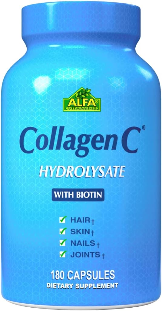 CollagenC - アルファビタミンによるビオチンとコラーゲン加水分解カプセル - 皮膚、爪、髪の若返りのためのアンチエイジング栄養サプリメント - Bone&マッスルをサポート - アメリカ製 - 180カプセル