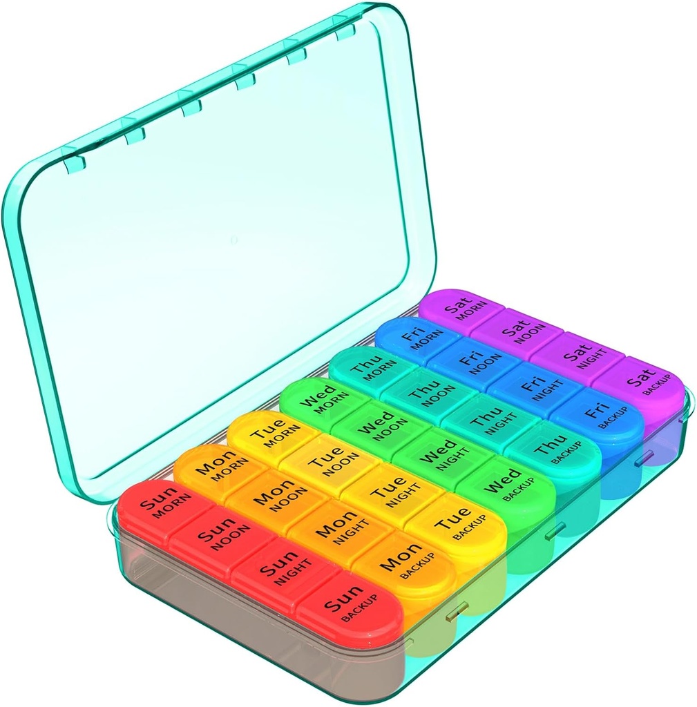 Daviky Pill Organizer 4 Times a Day, Weekly Pill Box Travel Pill Case, Daily Medicine Organizer 7 Day, Large Pill Container Holder to Hold Vitamins, Pills, Supplements (Cyan)
