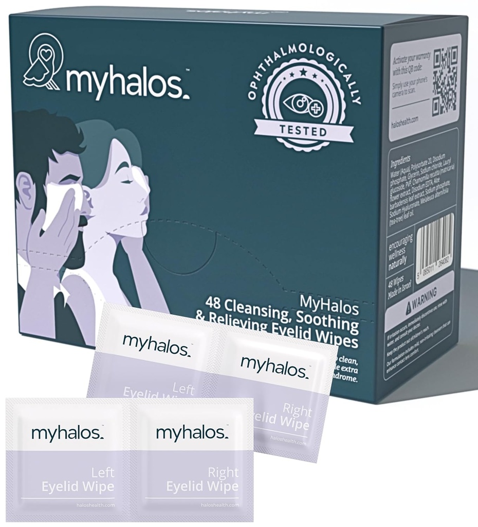 ドライアイリリーフ用MyHalos® 48ヒドレーションアイドワイプ - ティーツリーで保湿&ソーシングアイワイプ - 眼瞼炎とコンピュータビジョン症候群、眼瞼、クレンザーの膀胱炎の治療に役立ちます