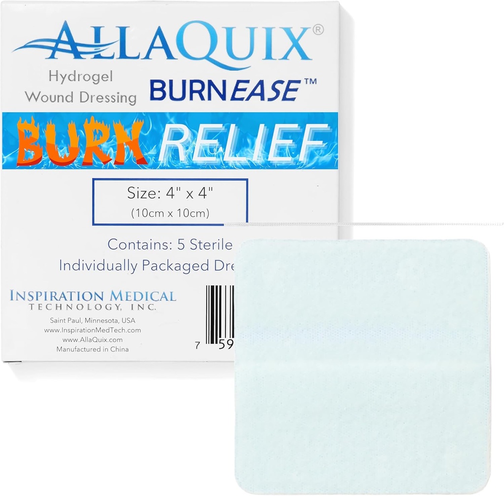 BurnEaseTM Hydrogel Burn Dressing Pads by AllaQuix – XL 4" Sterile Pads (Box of 5) | バーン、スカルド、サンバーンのインスタント冷却救済 | ファーストエイド&緊急バーニングケア用Moist Wound Healing Gel