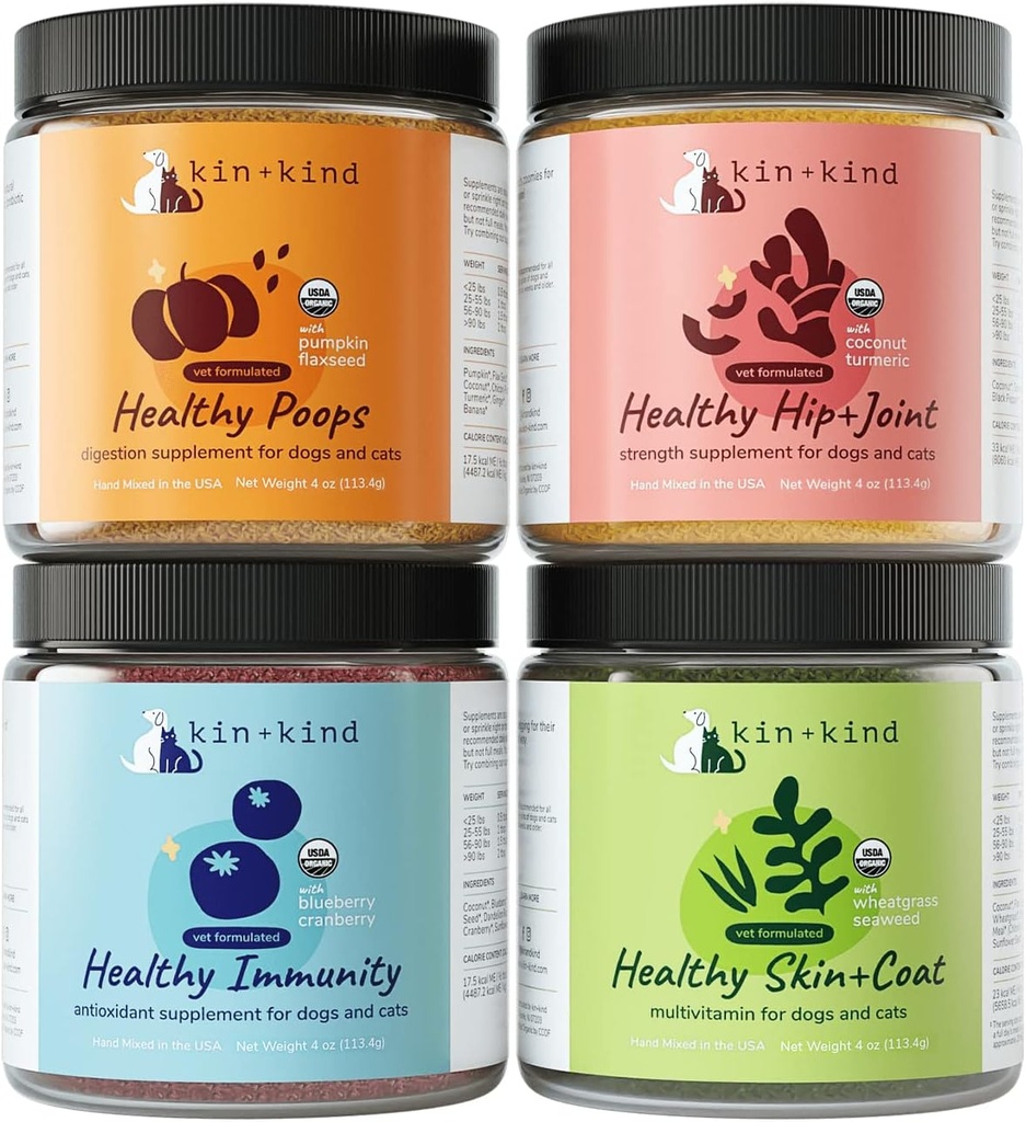 kin+kind Superfood Supplement Set for Dogs & Cats - Boost Immunity, Promotes Healthy Skin & Coat, Hip & Joint, Healthy Digestion - Made in USA - Superset (4 x 4 oz)