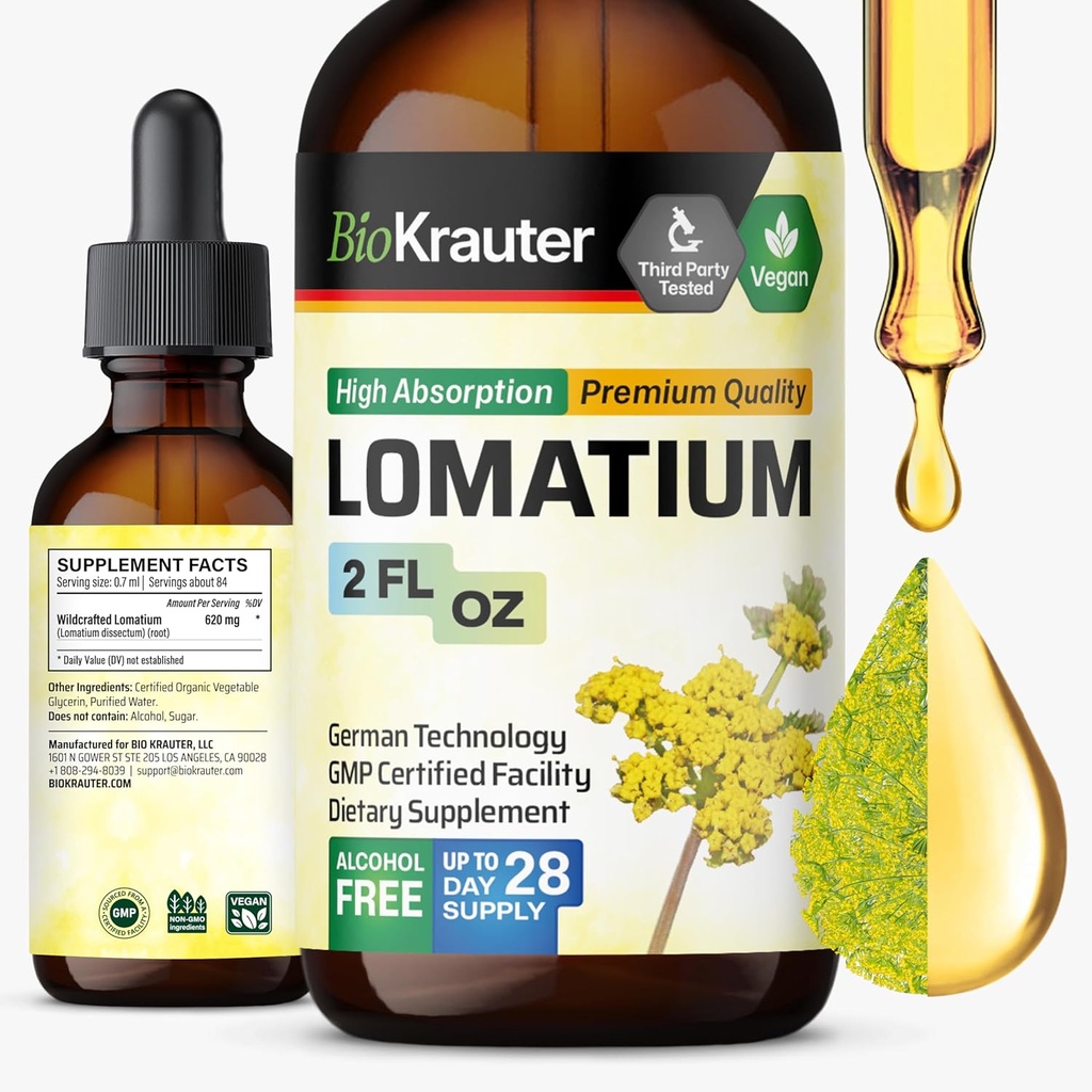 BIO KRAUTER Lomatium Root Tincture - ビーガン呼吸器サポートサプリメント - Lomatium Dissectum液体エキス - アルコール&砂糖無料 - 2 Fl.Oz.