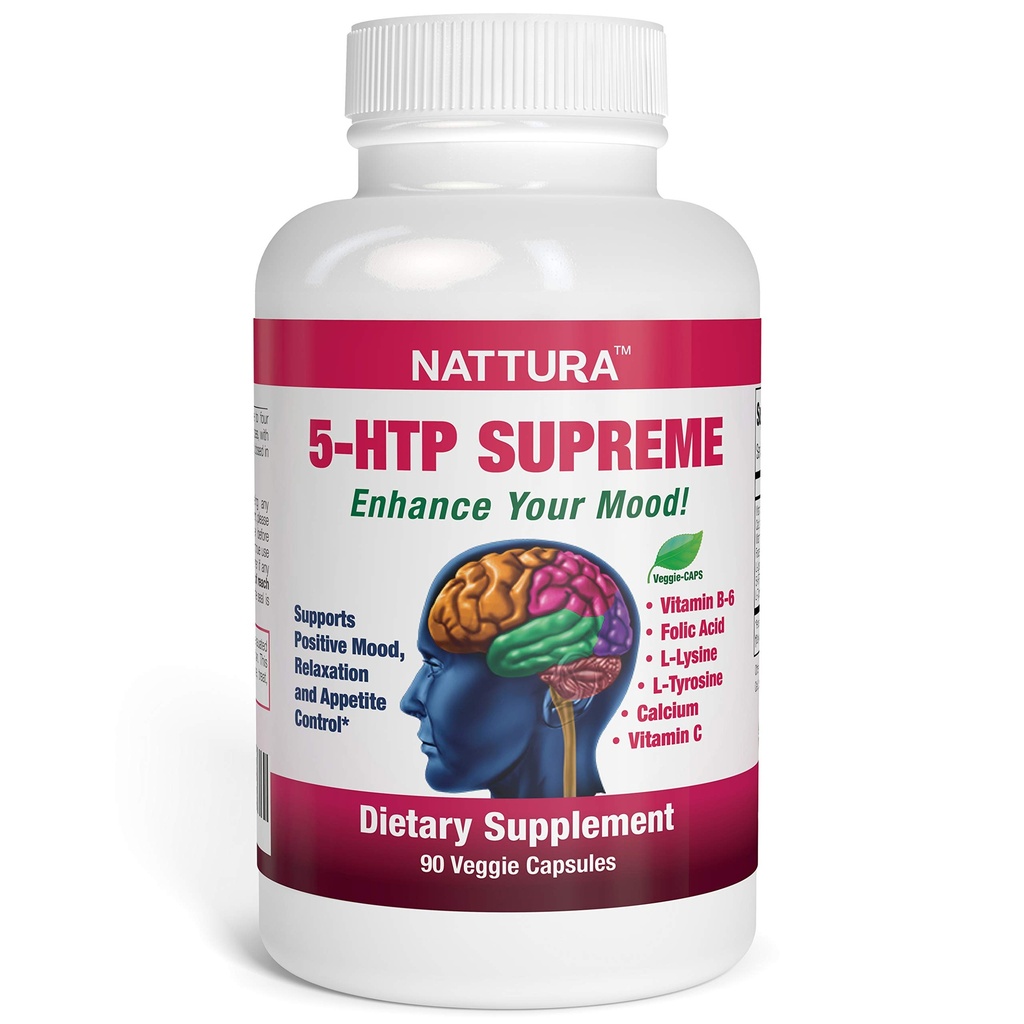 Nattura 5-HTP の最高-肯定的な気分、弛緩および食欲制御のための- 5-HTP の L チロシン、L ライン、ビタミン B6 の葉酸塩(葉酸)、ビタミン C (アスコルビン酸)、カルシウム- 90 のカプセルを使って