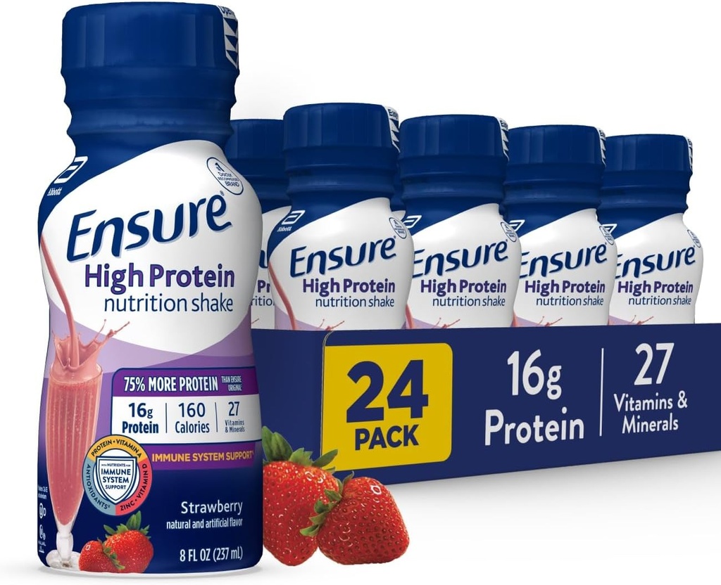 Ensure High Protein Strawberry Nutrition Shake, Ready to Drink, 16g Protein and 27 Vitamins and Minerals, 8 fl oz, 24 Pack