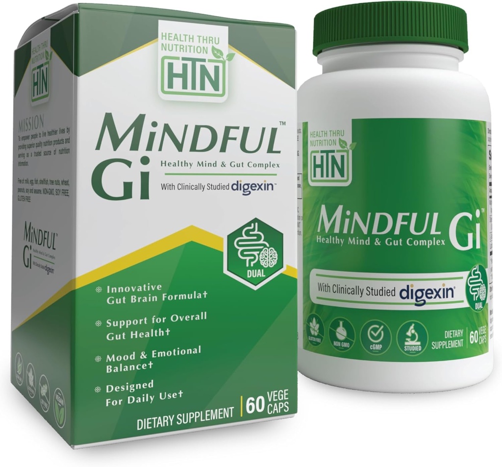 Health Thru Nutrition Mindful GI - Healthy Mind & Gut Complex | with Digexin, Magnesium, L-Glutamine, and Probiotic for Gut-Brain Axis Support | Regularity, Bloating, Calmness Supplement