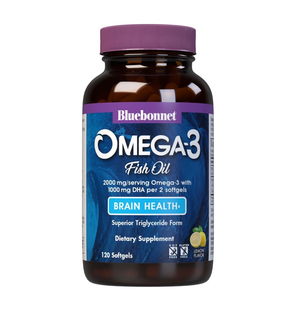 BlueBonnet栄養オメガ-3脳フォーミュラナチュラルワイルドキャッチトリグリセリドフォームDHA 1000mg EPA 210mg、高濃度認知健康&ウェルネスサポートサプリメント、グルテンフリーSoftgel、イエロー/クリア、レモン、120カウント