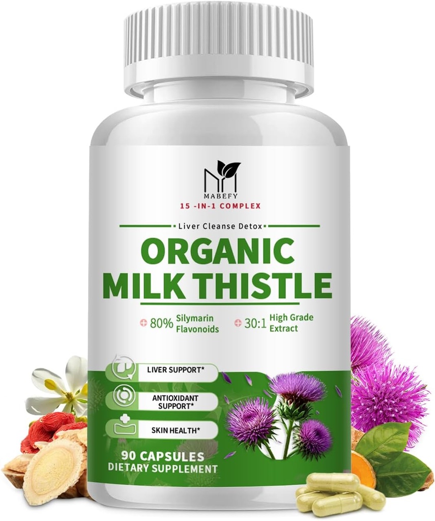 Organic Milk Thistle Liver Detox Supplement - 15-in-1 Formula with Silymarin, Antioxidants, & Herbal Blend - 90 Capsules