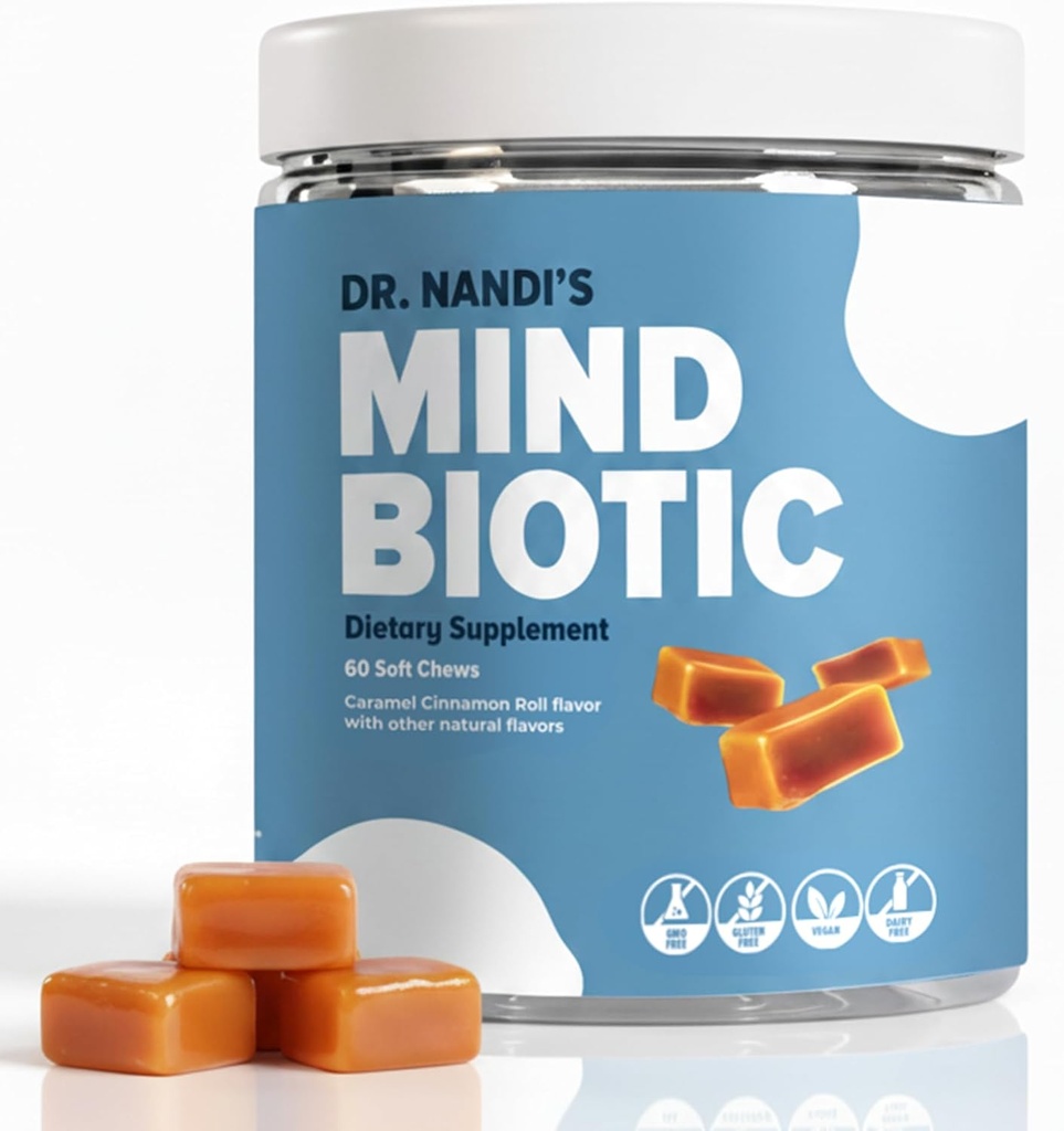 ナンディのMindBiotic脳と消化の健康の補足 - KSM-66 Ashwagandha、Probiotics及びPrebiotics -サポート記憶、焦点、エネルギー及びGut-Brainの関係- 300MG - 60 Caramel Cinnamonの咀嚼
