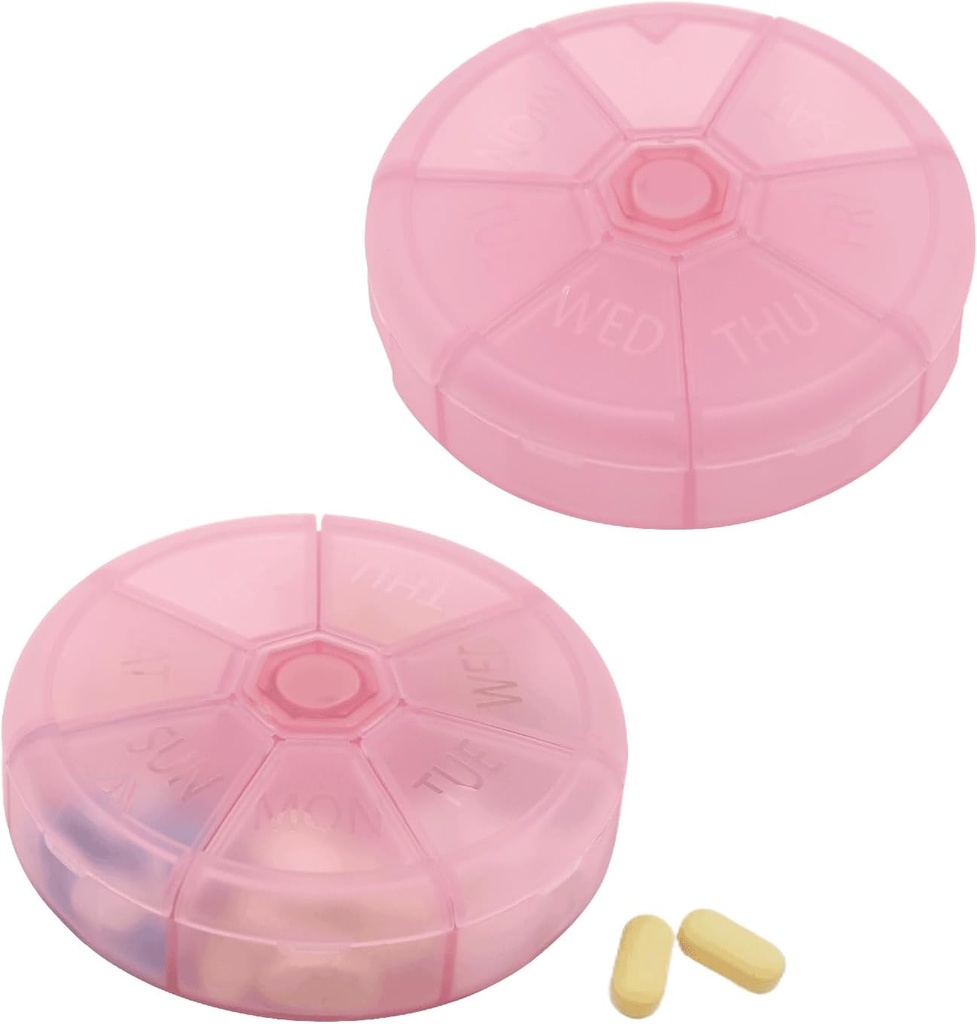 ポータブルウィークリーピルオーガナイザー7デイピルコンテナ、ラウンドピルケース旅行フレンドリー、毎日の週ピルリマインダーケース、BPAフリービタミン、サプリメント、魚油、薬用プランナー(ピンク)