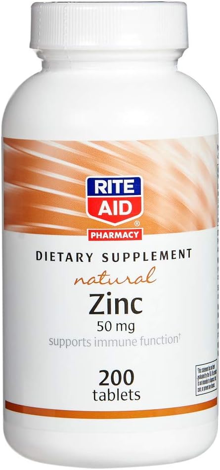 Rite Aid天然亜鉛、50 mg、200錠 - 免疫機能をサポート - 亜鉛サプリメント - ビタミンサプリメント - 天然亜鉛サプリメント - 抗酸化健康のためのエッセンシャルミネラル - 簡単に飲み込む