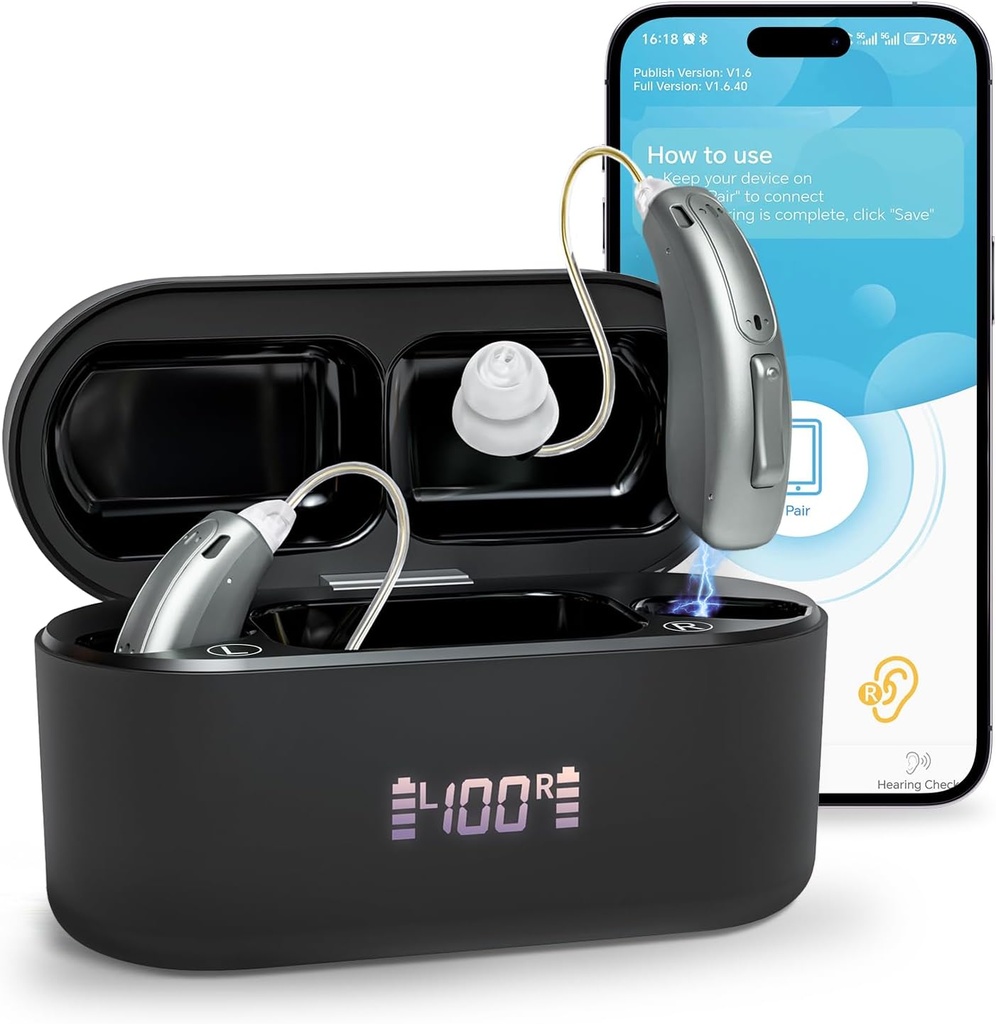 補聴器(増幅器ではありません)、高齢者向けBluetooth充電式補聴器、ノイズキャンセレーション、Bluetooth対応&アプリコントロール付きスーペリアサウンドクオリティOTCスマート補聴器、4モード