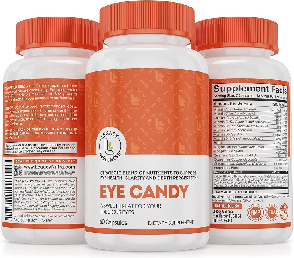 レガシーのウェルネスの目のキャンデーの目のビタミンLutein、Zeaxanthin、Calcium、Biotin、銅、亜鉛丸薬+老化の大人+の目の緊張の視野の健康をToo Muchスクリーンの時間、乾燥した目の補足から支えて下さい