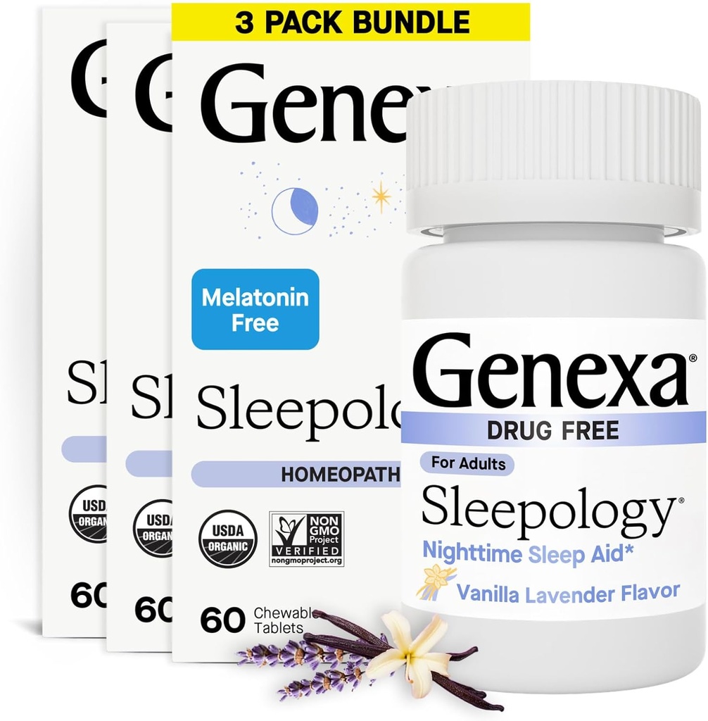 Genexa Sleepology for Adults | Melatonin Free Sleep Calm Aid |Soothing Natural Vanilla & Lavender Flavor | Certified Organic & Non-GMO | Homeopathic Remedy Made Clean | 180 Chewable Tablets (3 Pack)