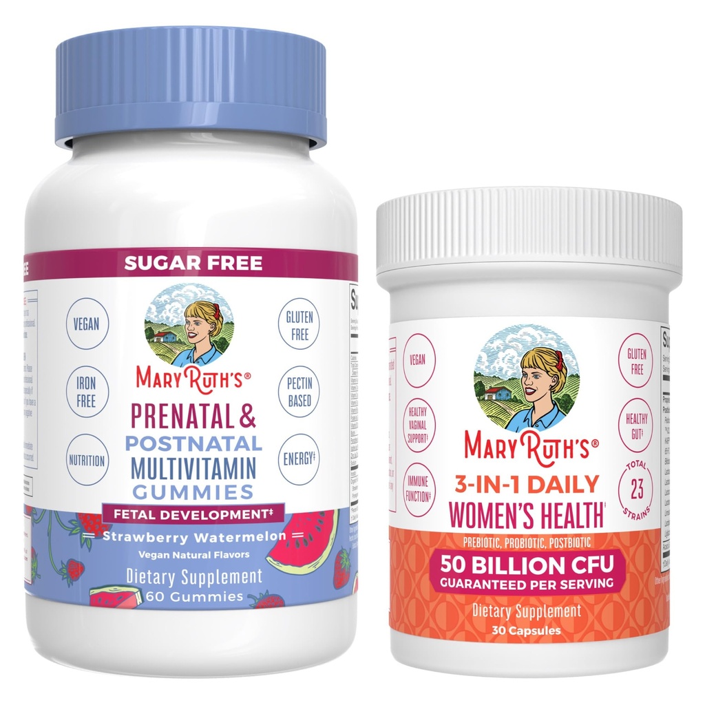 MaryRuth Organics Prenatal Postnatal Multivitamin Gummies (いちご) & Women's 3-in-1 Daily Probiotic Capsules | Clean Label Project Verified® | Breastfeeding & Gut Health | ヴィーガン、非GMO