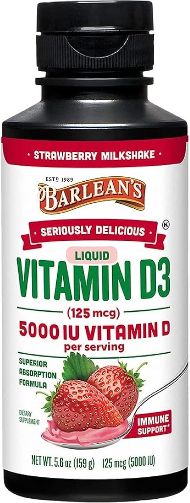 Barleanの液体のビタミンD、5000 IU D3の子供および大人、最高の吸収、非GMOのグルテンフリーのためのいちごのミルクセーク- 5.6 oz