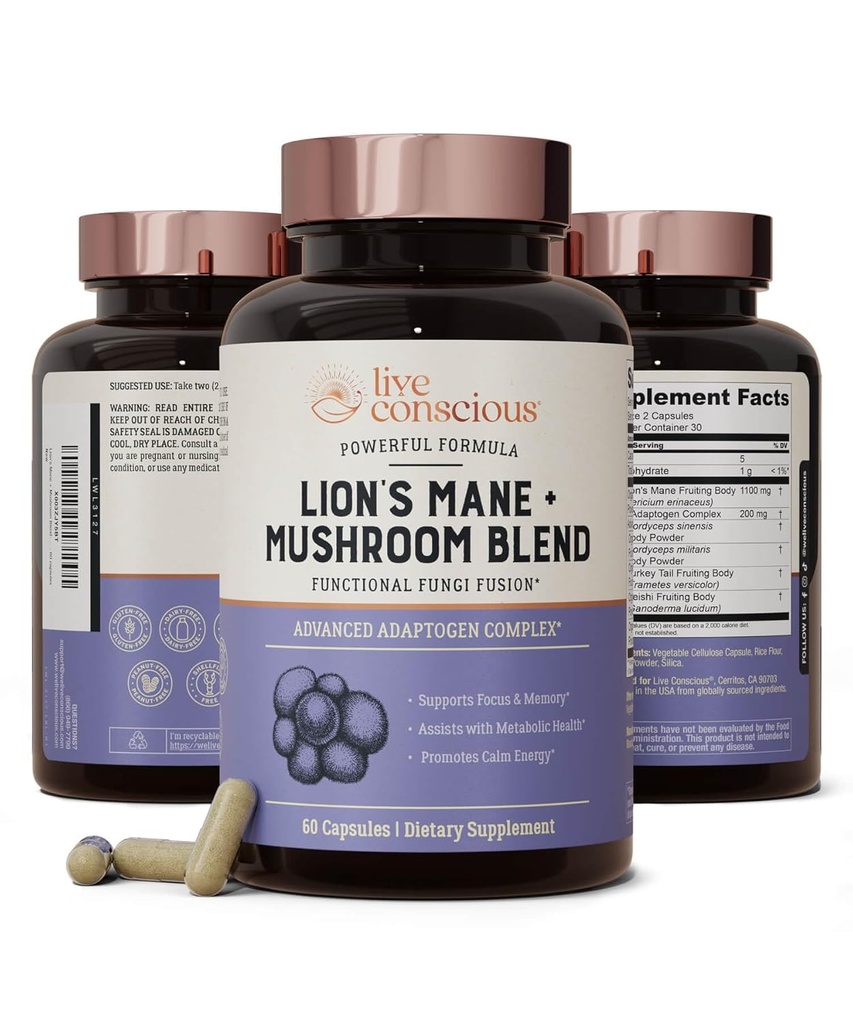 Live Conscious Lions Mane Mushroom Supplement Capsules for Brain Support w/Lion's Mane, Cordyceps, Reishi, and Turkey Tail Mushrooms - Cognitive Memory Supplement for Brain