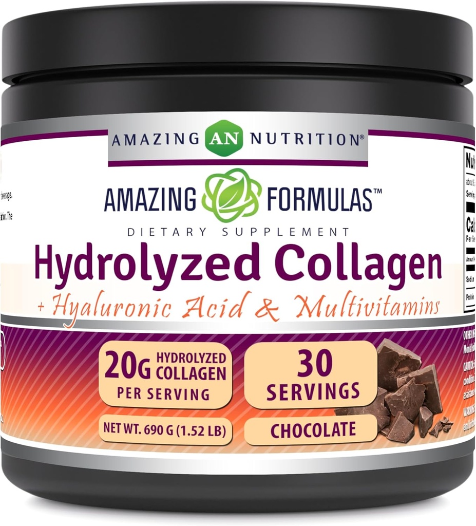 Amazing Formulas Hydrolyzed Collagen with Hyaluronic Acid & Multivitamins Supplement | 30 Servings Powder | 660 Grams | Chocolate Flavor