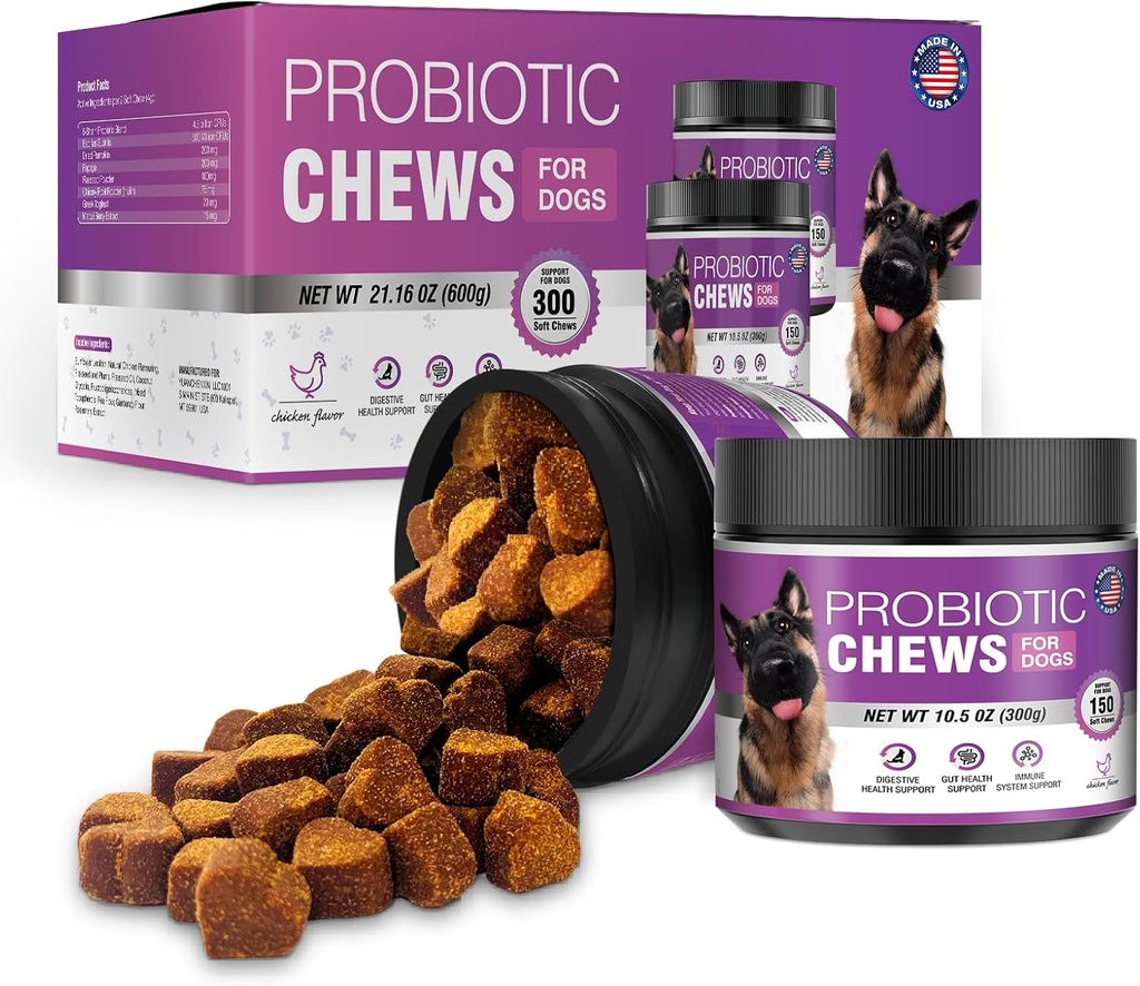 Probiotics for Dogs Dog Probiotic Chews and Digestive Enzymes Prebiotic Health Gut Itchy Skin Probioticos Itching Diarrhea Chew Supplements Canine Pet Prebiotics 200 Natural Soft Chewable Tablets