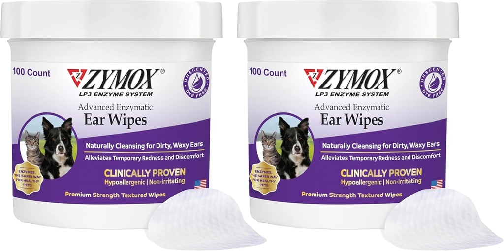 Zymox犬と猫のための高度な酵素耳ワイプ - 汚れ、ワクシー、スメルリーイヤー - プレミアム強度イヤークリーナーワイプ - 非刺激 - hypoallergenic(100カウントパック2)