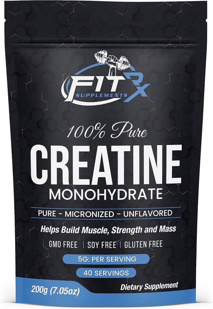FITRxSupplements.com 純粋なクレアチンの一水化物粉末 - ゼロ添加成分 - カロリーなし, 5g / サービングあたり, 風味のない 40 サービング, 200g, クイック分解