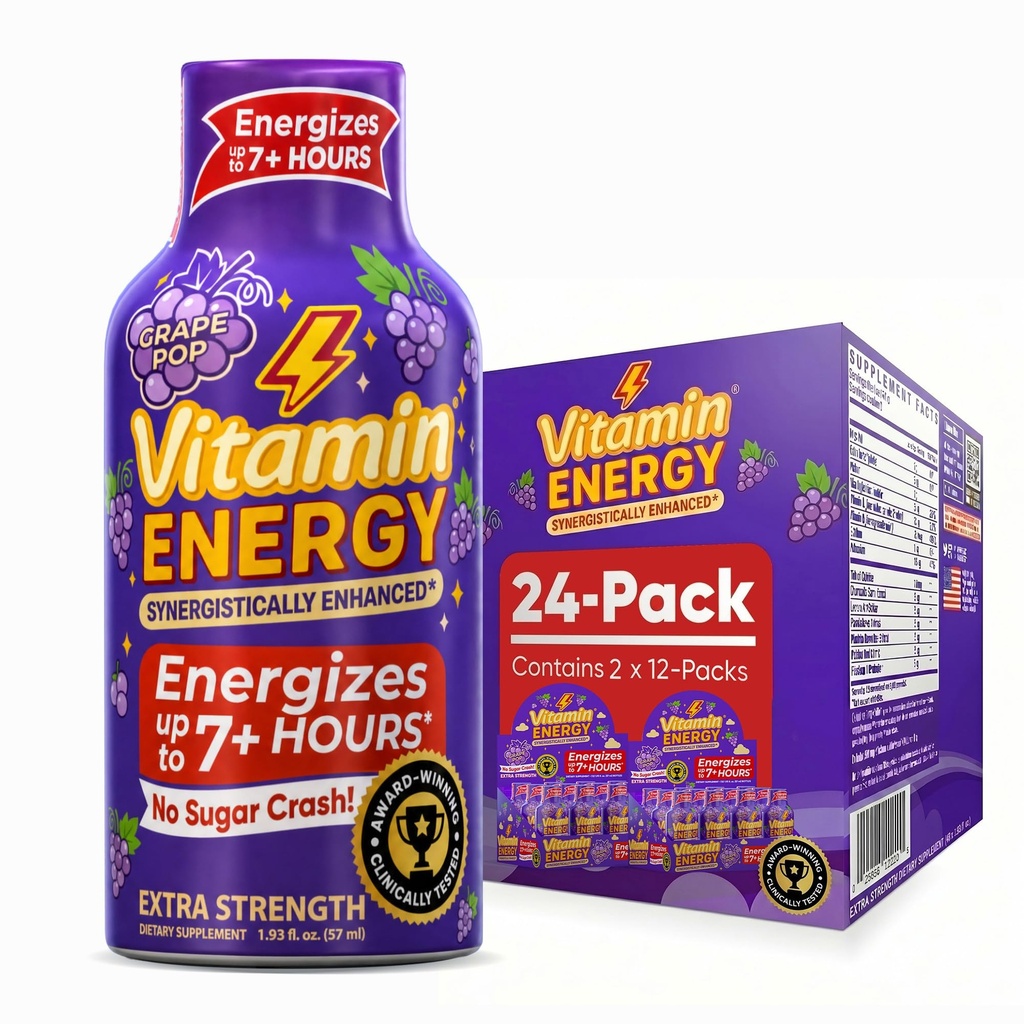 ビタミン エネルギー焦点+ の余分強さエネルギー ショット グレープ 24 のパック、260mg 自然なカフェイン、B ビタミン、CoQ10、アミノ酸、焦点、生産性及び明白、ゼロ砂糖、グルテンフリー、1.43 の fl oz