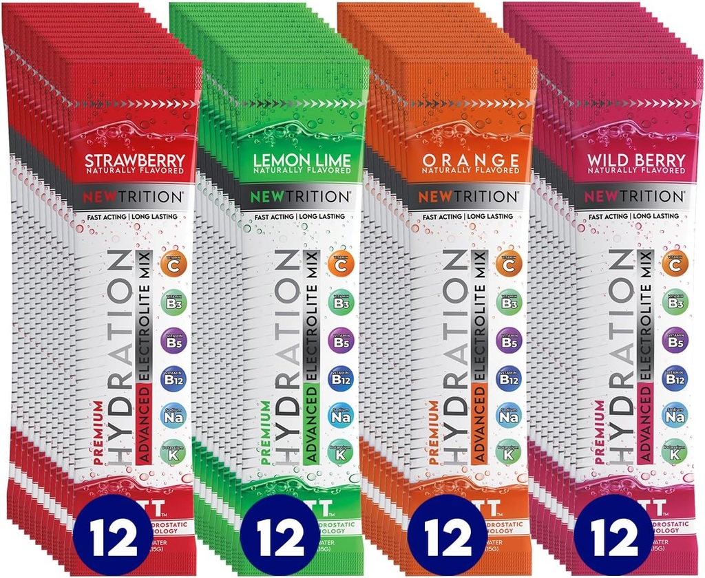 NewTrition® Hydration Powder - Pack of 48 Electrolyte Powder Packets, Naturally Flavored Hydrating Packets for Water, Fast Acting Electrolytes with Vitamins, Lime, Strawberry, Orange, Wild Berry