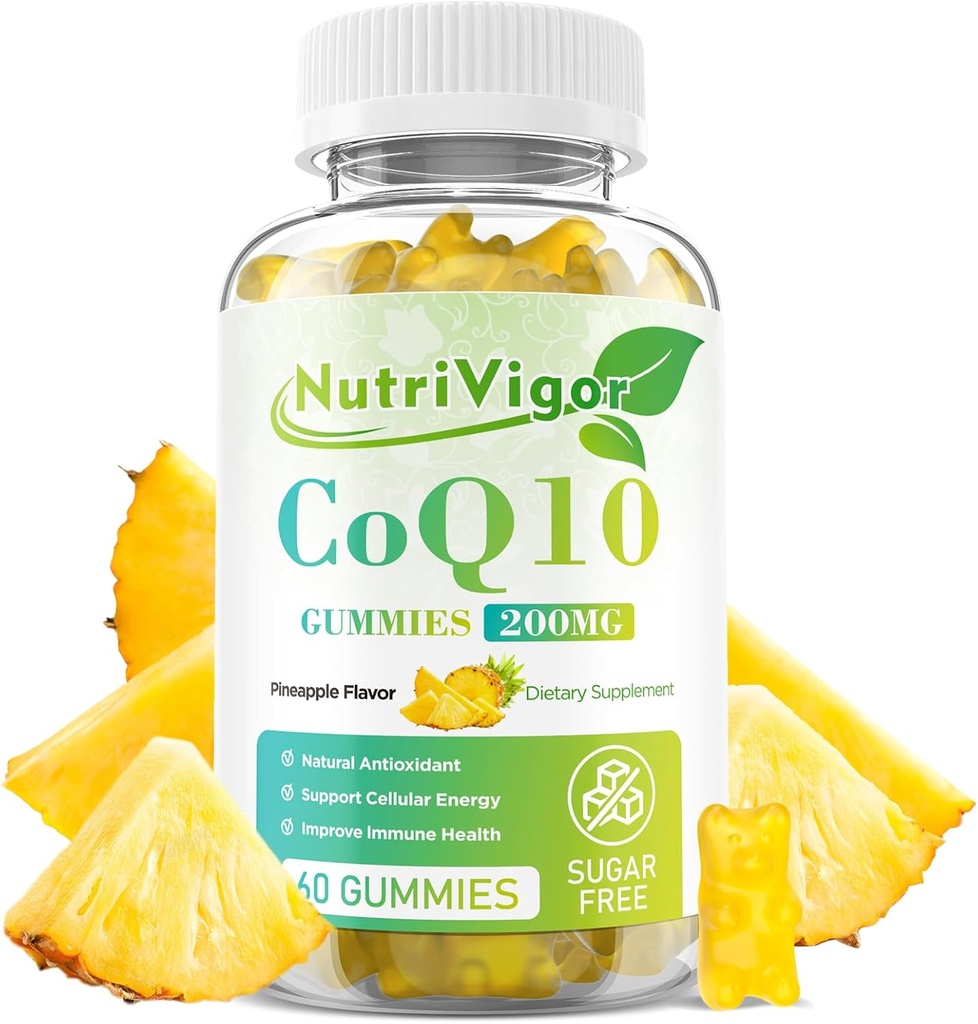 CoQ10 Gummies, Coenzyme Q10 Supplement 200 mg, High Absorption CoQ10 Supplement for Cellular Energy and Immune Health, Vegan, Gluten Free, Pineapple Flavor, 60 Count