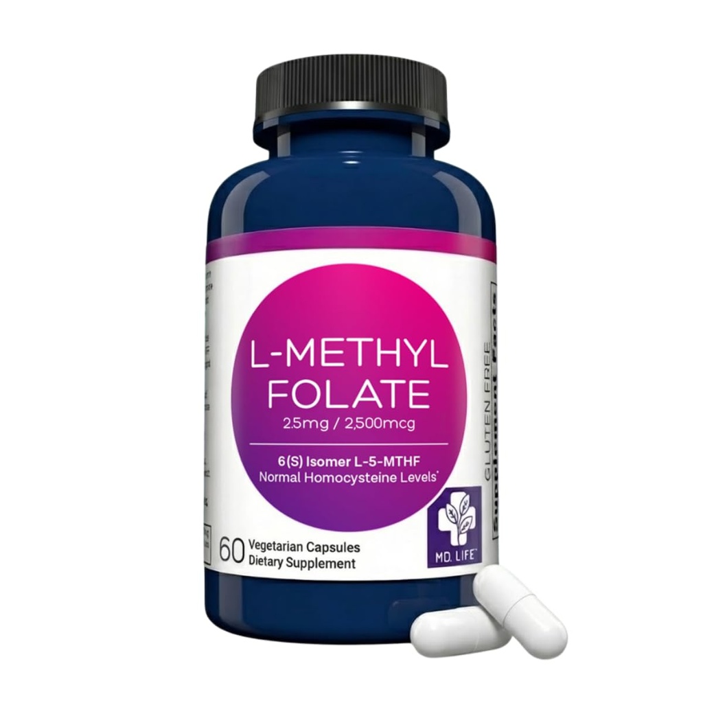 MDの生命L-Methylfolate 2.5のmgの補足-専門の等級の活動的なLのMethylfolateの補足- 60のカプセル- L-Methylfolate 2.5mg -最高の効力MTHFR W/の本質的なアミノ酸