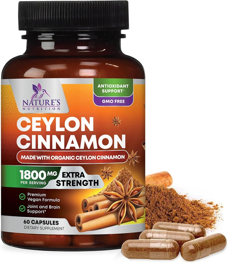 有機シーロンシナモンサプリメント1800mg - 認定有機シーロンシナモンパウダーピル - 米国でボトル入り、抗酸化、グルテンフリー、非GMO - 60カプセル