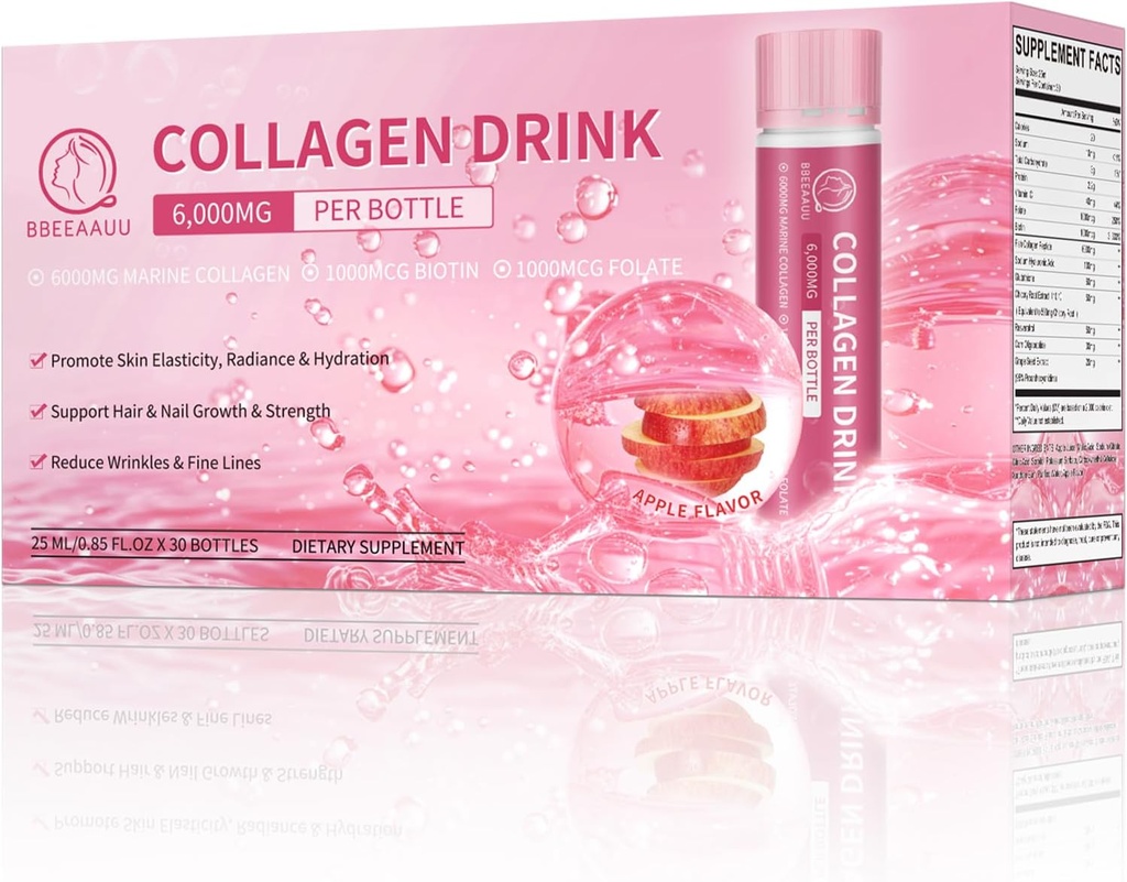コラーゲンの飲み物6000mgの海洋のコラーゲンのペプチッド、Hyaluronic酸、ビタミンC、コラーゲンの補足が付いている女性のための液体のコラーゲンの打撃は皮、毛及び釘、0.85 Fl.Oz x30のびん、Appleの味を支えます