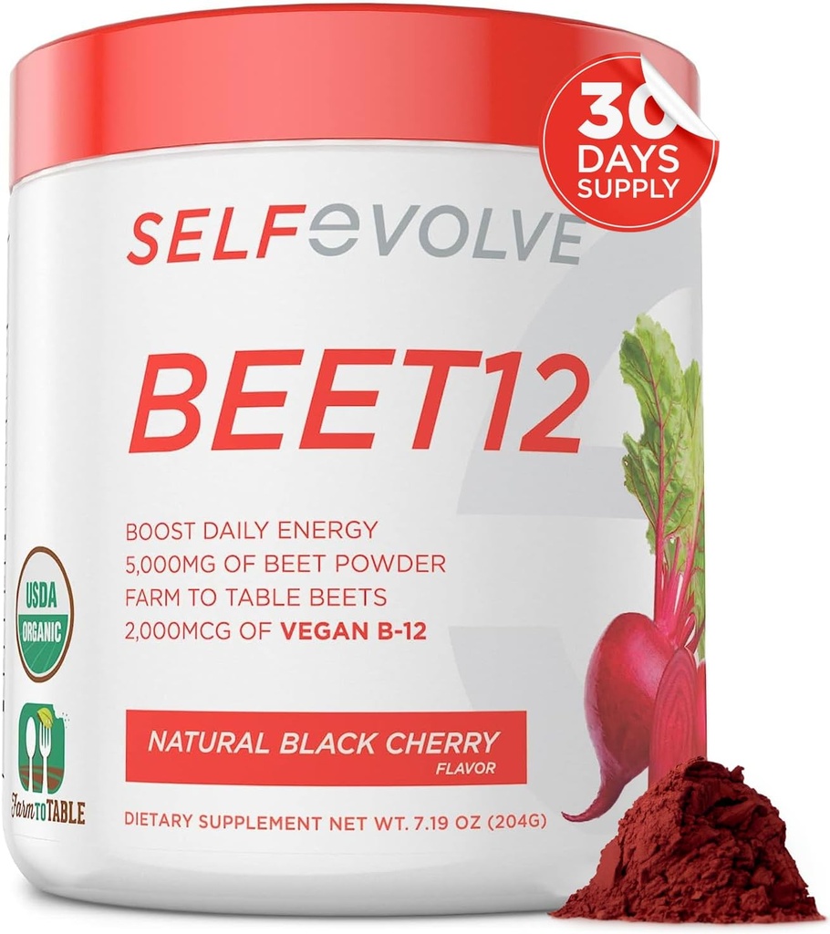 selfevolve Beet12 - 有機ビートルートパウダーはビタミンB12、ニトリ酸化物ブースター、ビートジュースパウダーサポート自然エネルギー、ビートパウダー、ブラックチェリーフレーバー、30サービングで強化