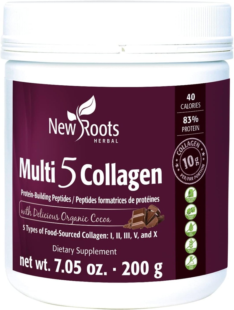 新しいROOTS HERBALマルチ5コココラゲインパウダーサプリメント(タイプI、II、III、V、X)加水分解コラーゲン - 乳製品&グルテンフリー - サービングあたり12g - チョコレート味、7.55オンス