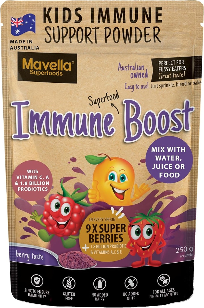 Kids Immune Support Powder - Immune System Support with Vitamin C A + E, Magnesium & Probiotics for with 9 Superberries - Berry Taste Immunity Gummies Alternative 8.82oz (250g)