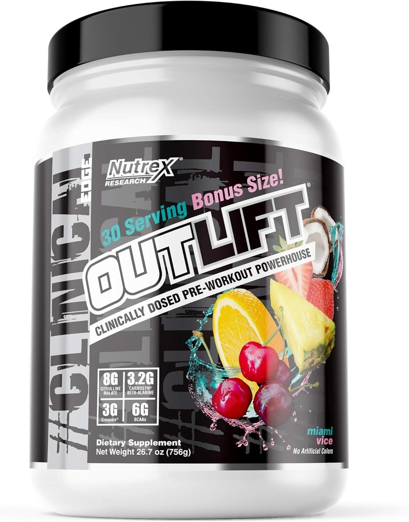 Nutrex Outliftは、クレアチン、クトルリン、BCAA、ベータアラニン、カフェイン、エネルギー、パワー、ポンププレワークアウトサプリメント、マイアミバイス30サービングと臨床的に投与されたプレワークアウトパウダー