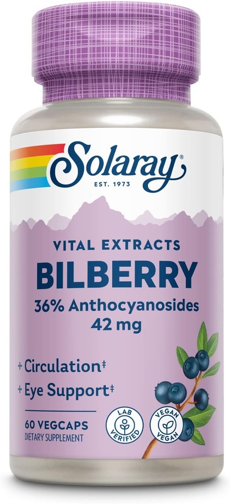 SOLARAY Bilberry Berry Extract 42 mg, 目の健康 & 循環サポート, と 36% アントシアノシド, ビーガン, 60 VegCaps