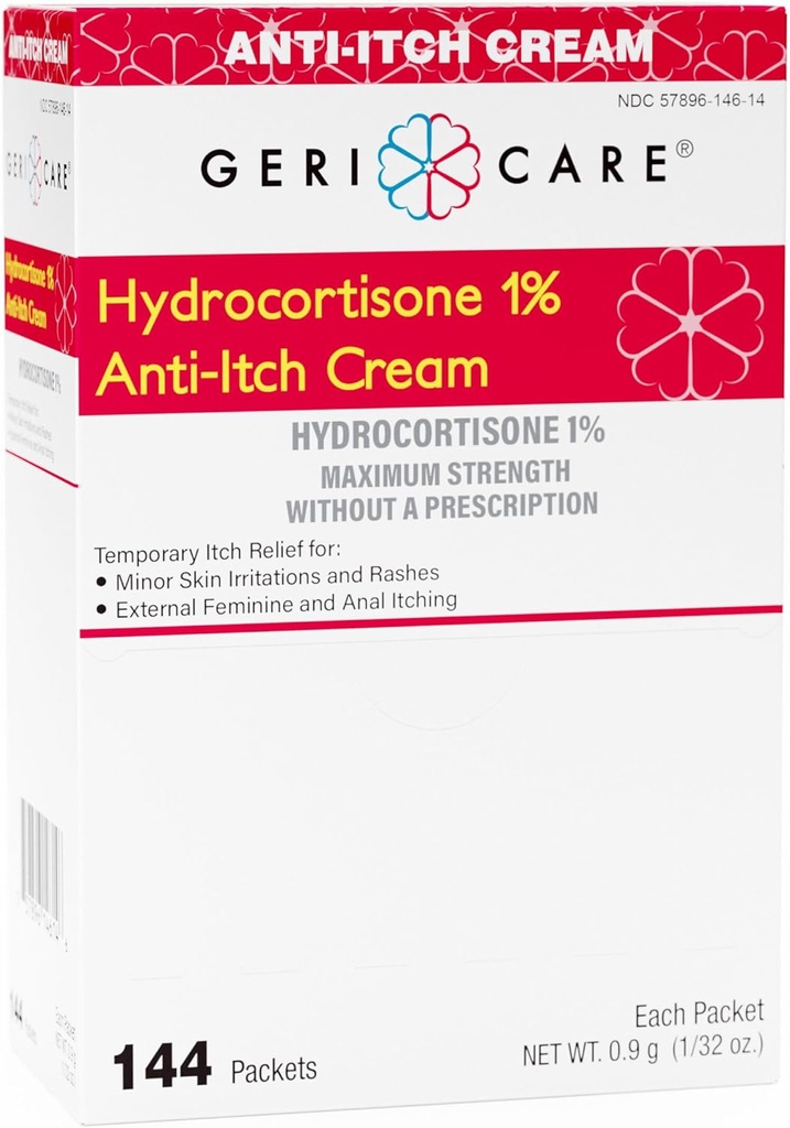 Gericare Hydrocortisone 1% アンチイッチ クリーム、最大強度、144 カウント パック、0.5oz 各パケット(パッケージ 1)