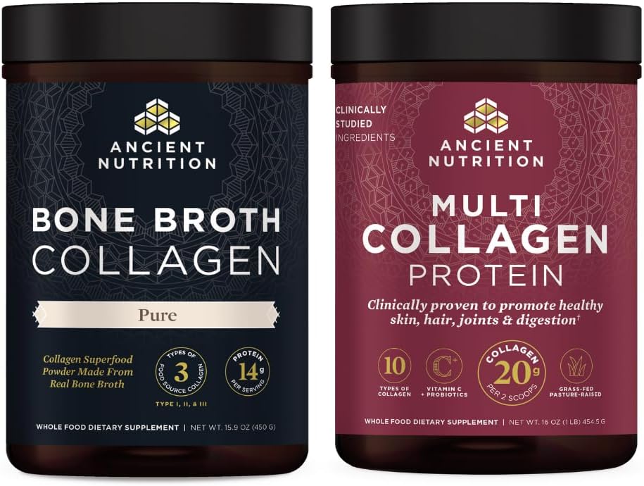 Ancient Nutrition Bone Broth Collagen Powder, Pure, 30 Servings + Multi Collagen Protein Powder, Unflavored, 45 Servings